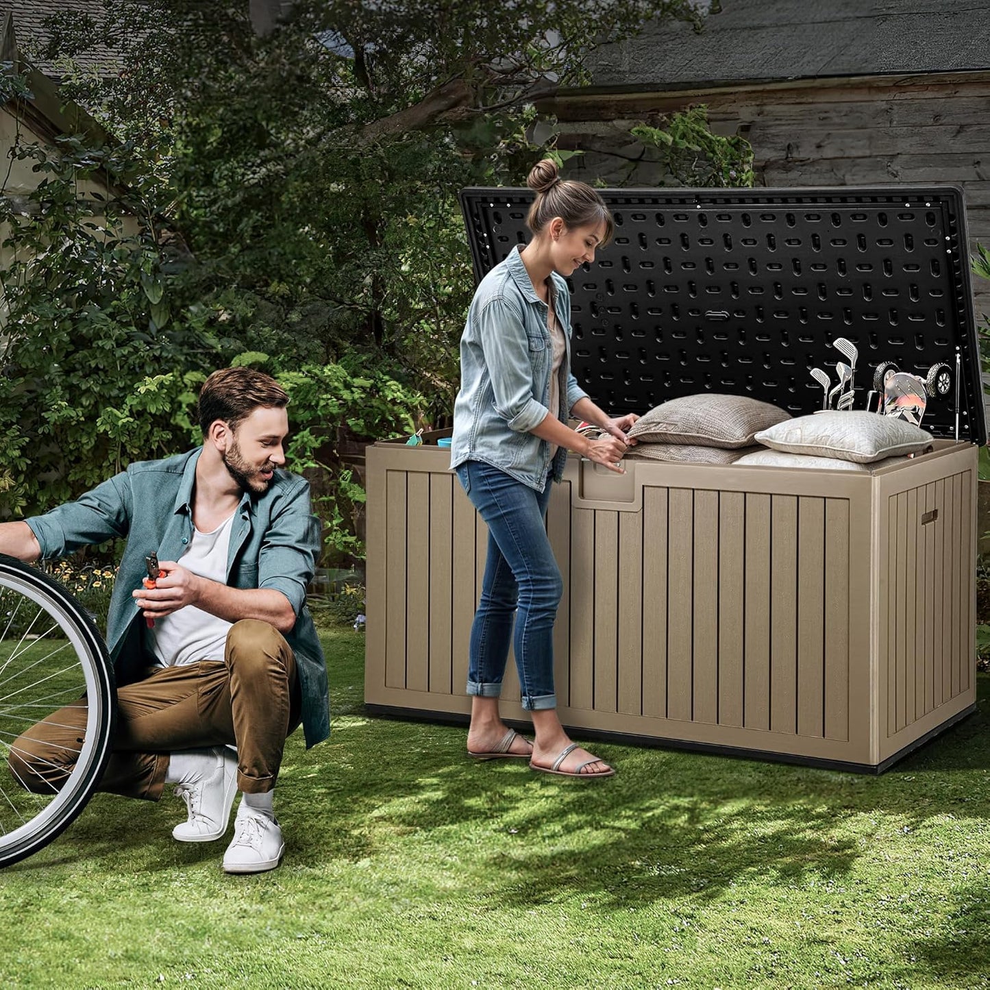 YITAHOME 230 Gallon Large Deck Box with Divider & Side Handles, Outdoor Double-Wall Storage for Patio Furniture Cushions, Garden Pool Accessories, Waterproof & Lockable