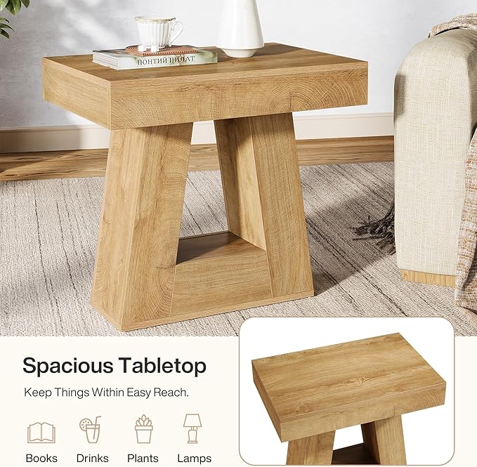 Tribesigns 24" Modern Side Table, 2-Tier Narrow Wooden End Table with Trapezoid Base, Farmhouse Small Nightstand for Living Room, Bedroom, Natural Wood Color