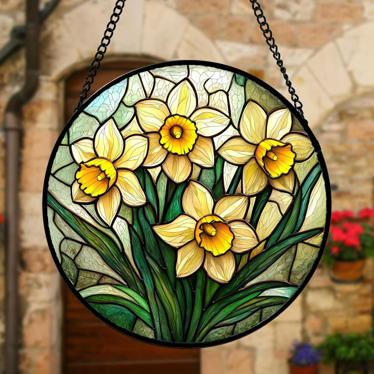 Stained Glass Window Hanging, Daffodil Plant Flowers Sun Catchers Diamond Glass Panel Hangings Suncatcher Decor for Birthday for Women, Men, Wife, Aunt,and Mom 9.8X9.8IN