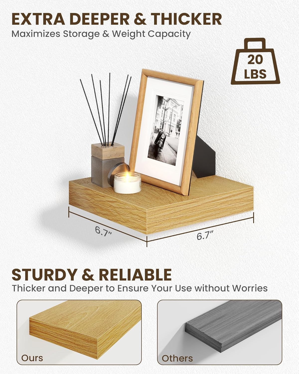 Marsmiles 6.7" Floating Shelves for Wall, Wooden Shelves with Invisible Brackets Set of 2, Rustic Farmhouse Wall Mounted Shelf for Kitchen Bathroom Living Room Study, Natural Oak