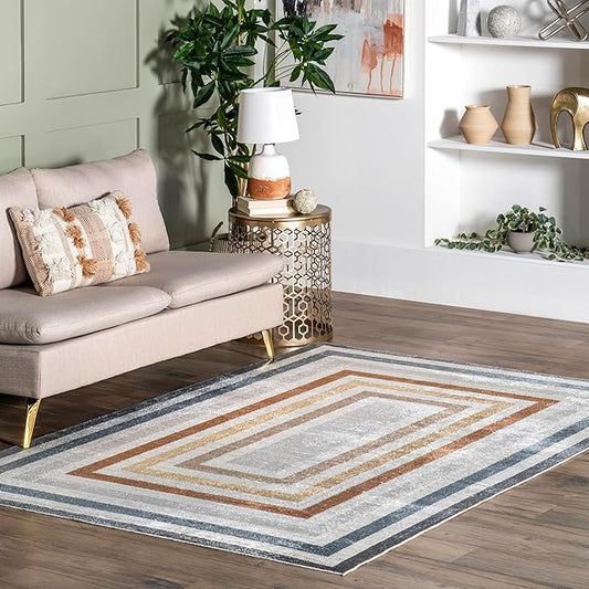 nuLOOM 9' x 12' Machine Washable Stain-Resistant Area Rug Low Profile for Living Room, Bedroom, and Dining Room, Alienor Multicolor