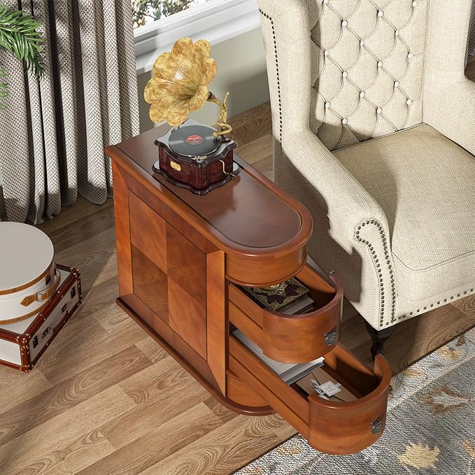 Tribesigns Wood End Table, 2-Drawer Narrow Side Table Slim Chair Solid Side Table, No Assembly Required, Finished Back