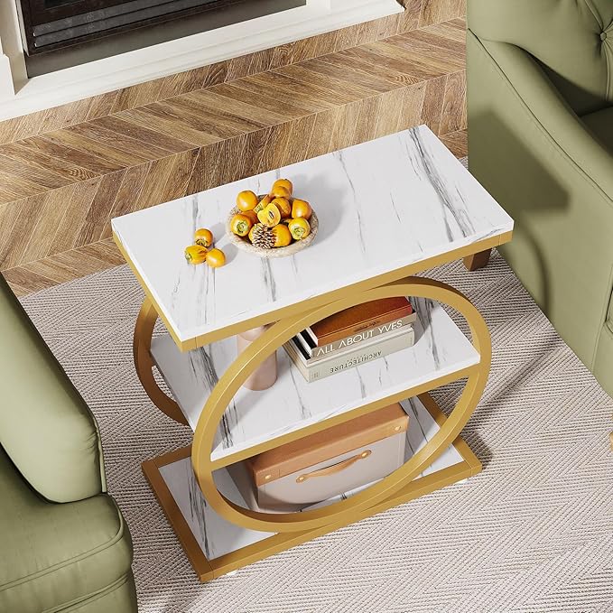 Tribesigns End Table with Storage Shelves, 3-Tier Wooden Industrial Sofa Side Table with Black Metal Frames for Living Room, Slim Nightstand and Bedside Table for Bedroom, White & Gold