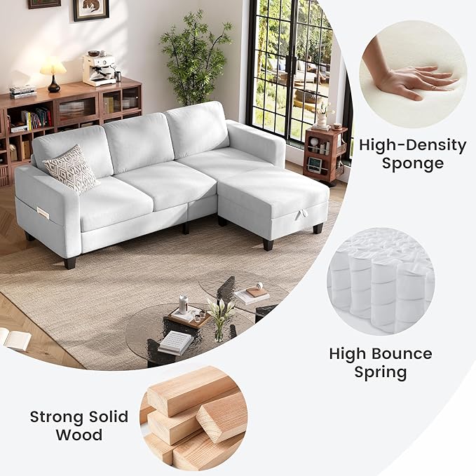 Sectional Sofa and Couches for Living Room, 78'' White 3 Seat L-Shaped Couch with Movable Ottoman, Comfy Velvet Convertible Sectionals Sofas with Chaise for Apartment, Office, Small Space