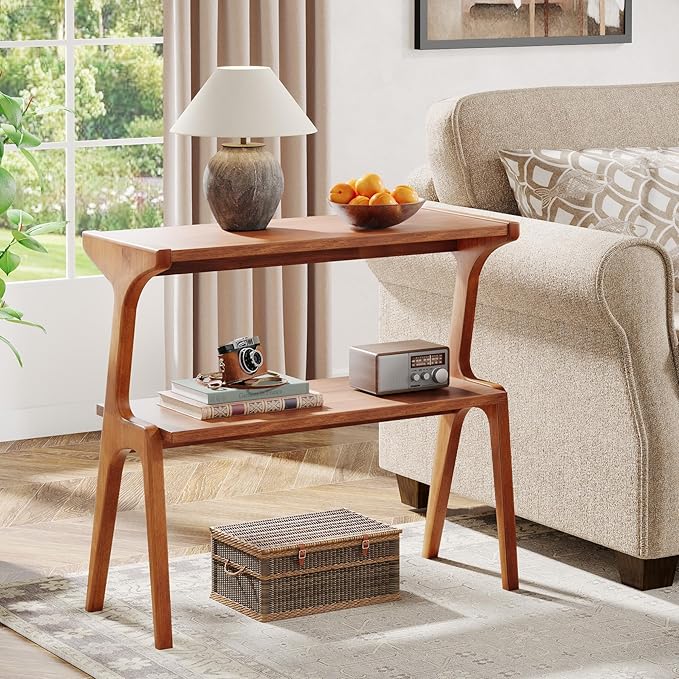 Tribesigns Set of 2 Wood Side Table, 2-Tier Tall Slim End Table with Storage Shelves, Modern Couch Side Table for Living Room, Narrow Bedside Table, Nightstands for Bedroom, Cherry