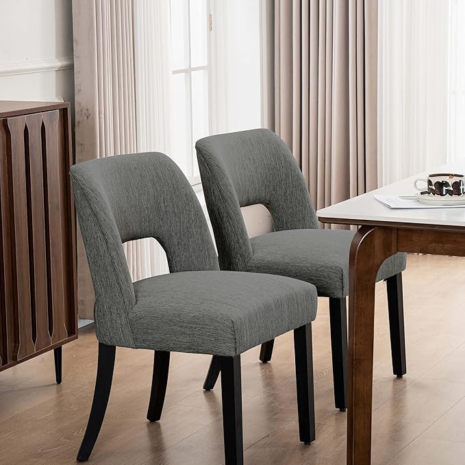 VKNOW Wooden Dining Chairs Set of 2, Modern Fabric Upholstered Dining Room Chair Kitchen Chairs, Farmhouse Dinner Chair for Kitchen Dining Room, Dark Grey-Black Legs