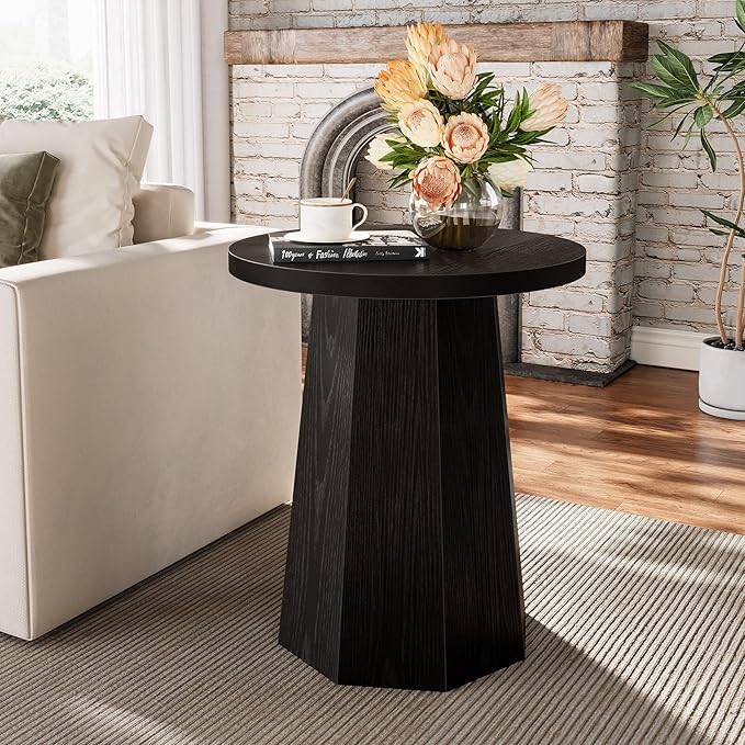 Tribesigns Farmhouse Round End Table Set of 2, Wooden Couch Side Table with Octagonal Base, Black Nightstand Pedestal Accent Furniture for Living Room, Bedroom (2)