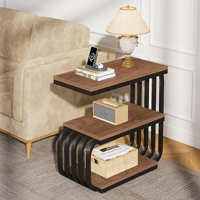Tribesigns Small End Table, Narrow Side or Bedside Stand, 3 Tier Design Accent Table with Metal Frame, Industrial Vintage Nightstand for Living Room, or Small Spaces (2, Brown)