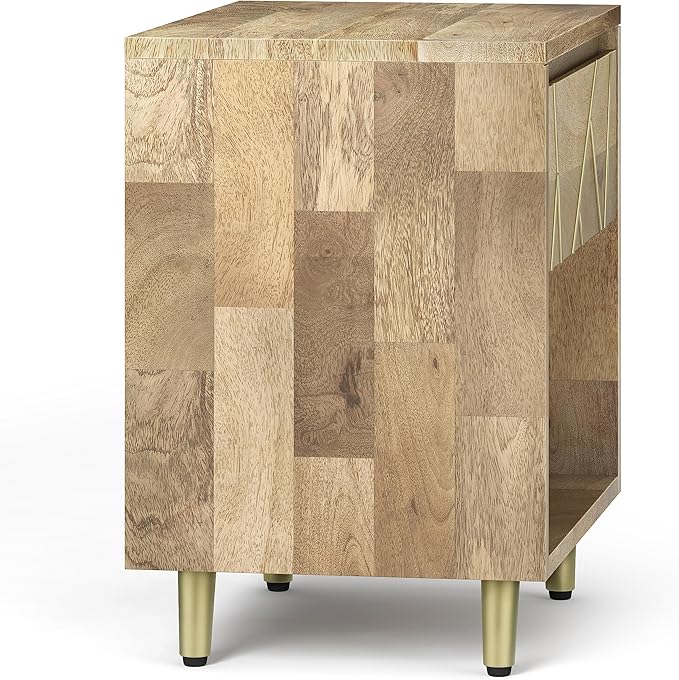 SIMPLIHOME Jager Bedside Table - 22 inch Wide Solid Mango Wood Nightstand in Natural, Mid Century Contemporary Bedroom Side or End Table with Brass Metal Inlay, 1 Drawer, and Open Storage