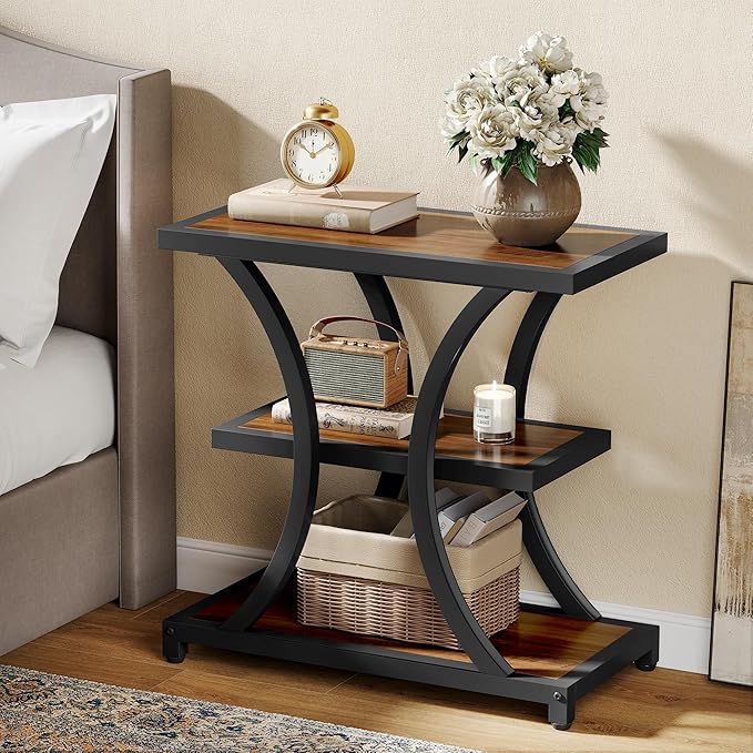 Tribesigns End Table with Storage, 3-Tier Side Table with Geometric Metal Design, Industrial Nightstand for Small Spaces, Living Room, Bedroom, Study Room (2, Rustic Brown)