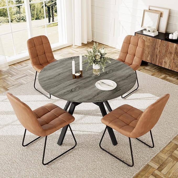 Extendable Round Dining Table Set for 4 People, 43.3"-59.1" Extendable Kitchen Table with 4 Upholstered Chairs, Space Saving for Kitchen Dining Room (Grey Table+4 U-Shaped Brown Chairs)