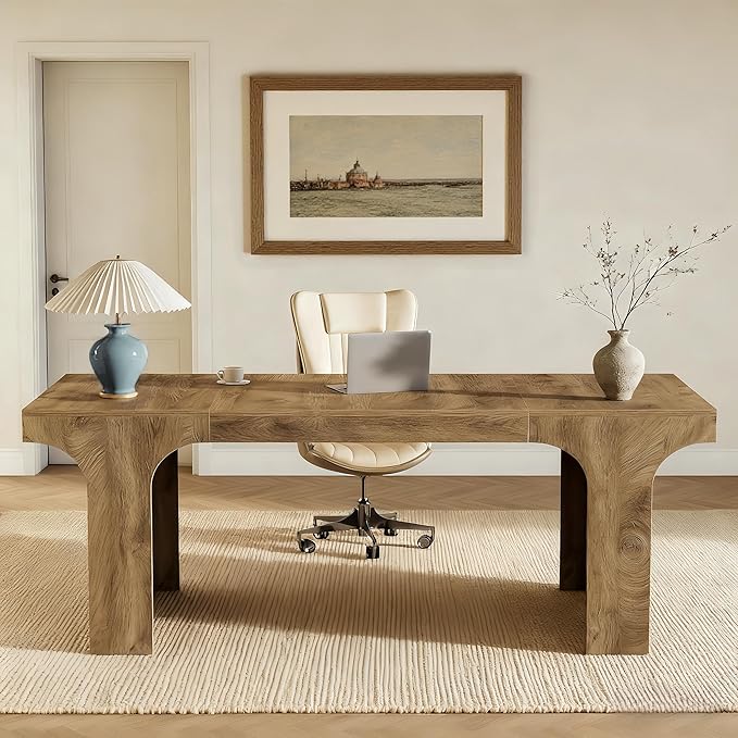 Tribesigns 70.9-Inch Executive Desk, Large Wooden Computer Office Desk, Modern Writing Table Business Workspace Home Office Furniture with Arched Design, Rustic Wood Grain