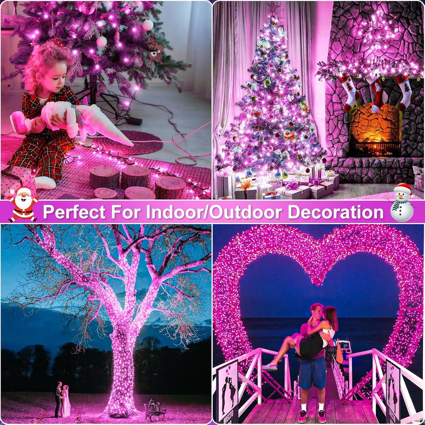 2 Pack Christmas Lights Outdoor, Total 200FT 600LED String Lights for Outside with 8 Modes Waterproof, Green Wire Twinkle Tree Lights for Indoor Room Patio Garden Party Decorations, Pink