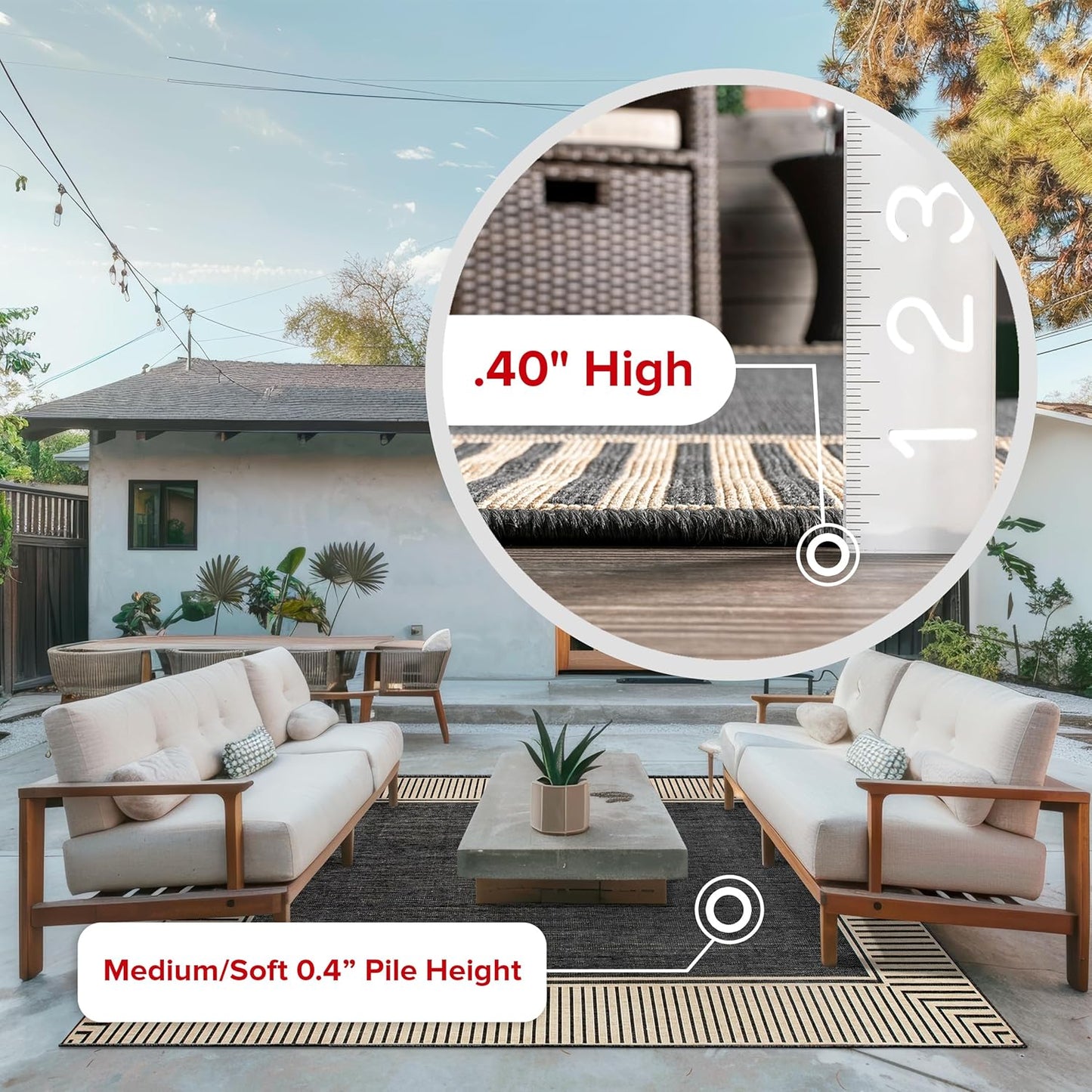 nuLOOM 4' x 6' Outdoor Area Rug, Casual Design With Striped Border, Stain Resistant, Highly Durable, For Patio, Balcony, Bedroom, Living Room, Dining Room, Bathroom, Dark Grey