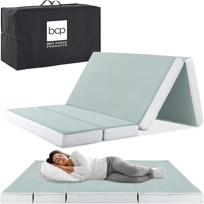 Best Choice Products 4in Portable Twin-Size Mattress, Tri-Fold Mattress for Camping, Guest, Toddler, Foam Plush w/Carry Case - Seafoam