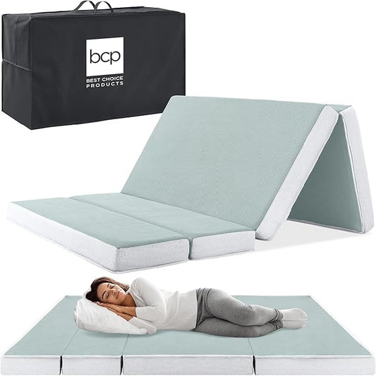 Best Choice Products 4in Portable Twin-Size Mattress, Tri-Fold Mattress for Camping, Guest, Toddler, Foam Plush w/Carry Case - Seafoam