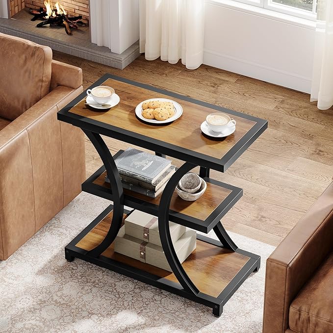 Tribesigns End Table with Storage, 3-Tier Side Table with Geometric Metal Design, Industrial Nightstand for Small Spaces, Living Room, Bedroom, Study Room (2, Rustic Brown)