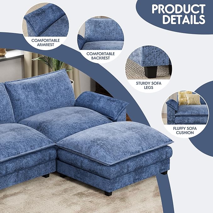 Homall 119" Modular Sectional Sofa, L Shaped Sofa Couch with Reversible Ottoman, DIY Combination Chenille Deep 3-Seat Cloud Couch for Living Room, Apartment (Dark Blue, L Shaped Sofa)