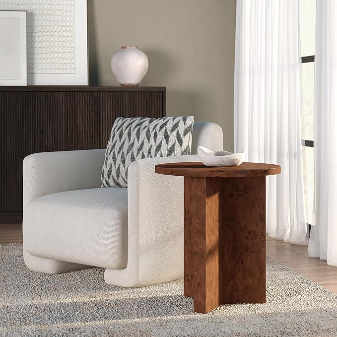 Henn&Hart 20" Scandinavian Round Wooden End Table, Side Table, Nightstand with X-Base for Living Room, Office, Family Room, or Bedroom, Walnut Burl