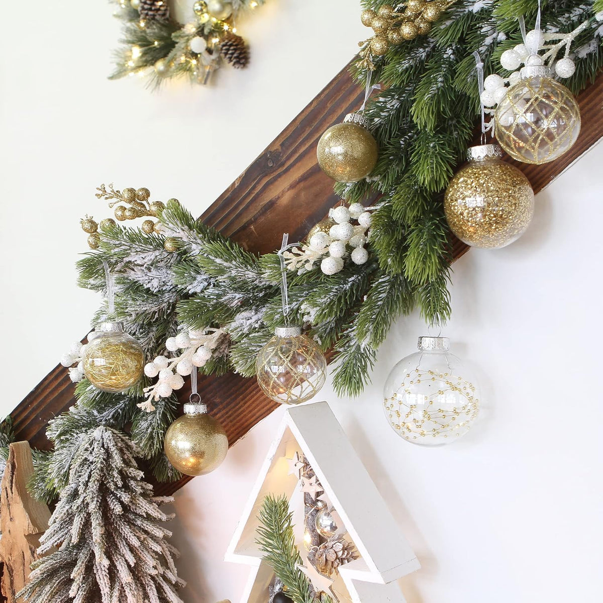 Sea Team 60mm/2.36" Shatterproof Clear Plastic Christmas Tree Ball Ornaments Set, Decorative Hanging Transparent Xmas Baubles with Stuffed Delicate Decorations (30 Counts, Gold, Red, Green)