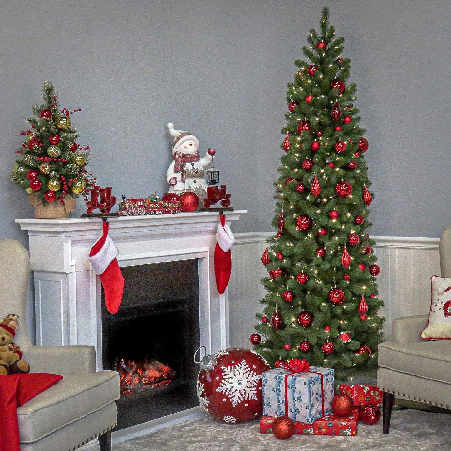 National Tree Company Pre-Lit 'Feel Real' Artificial Slim Downswept Christmas Tree, Green, Douglas Fir, White Lights, Includes Stand, 6.5 feet