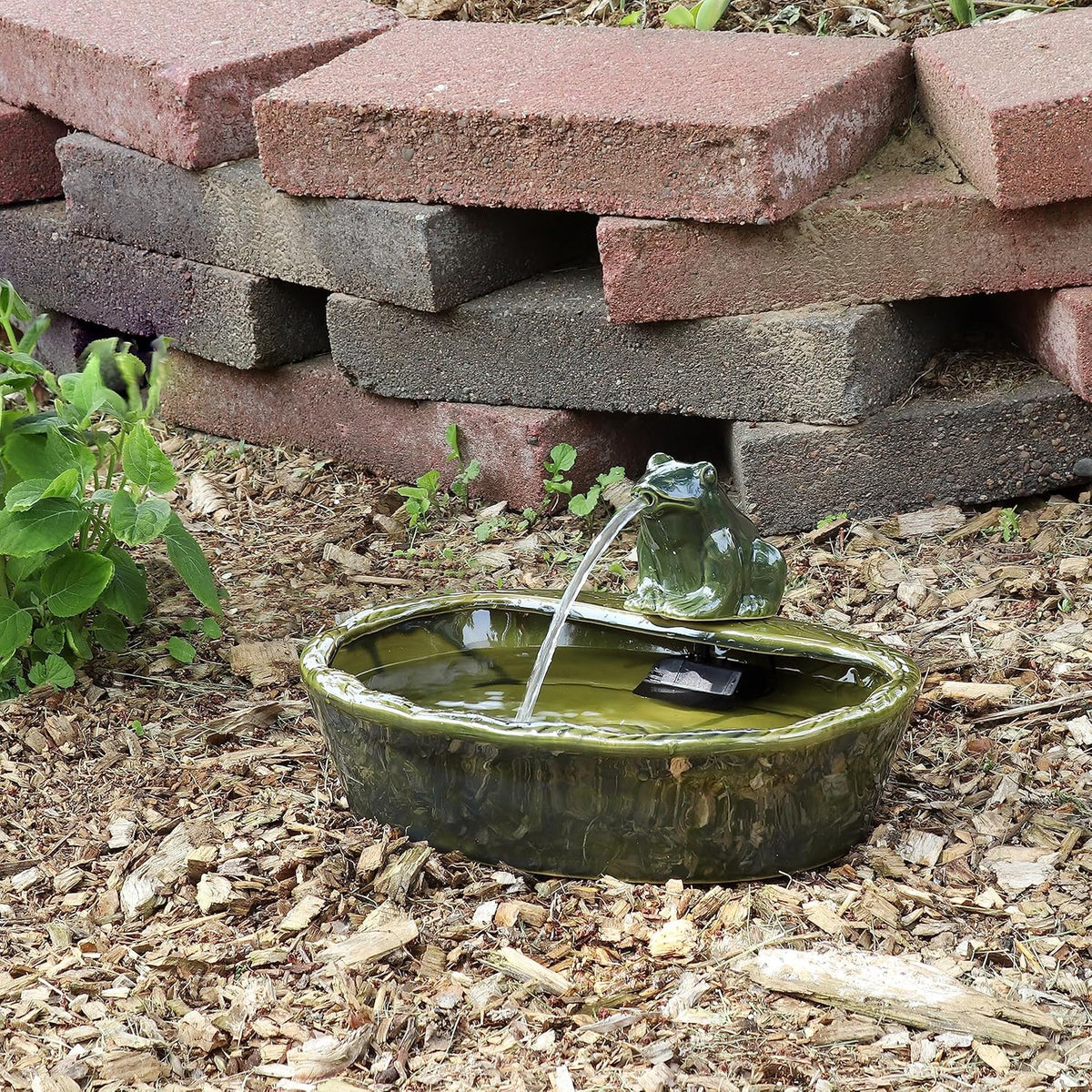Sunnydaze Ceramic Solar-Powered Water Fountain - Green Glaze - Low-Voltage Submersible Pump with Filter - Frog
