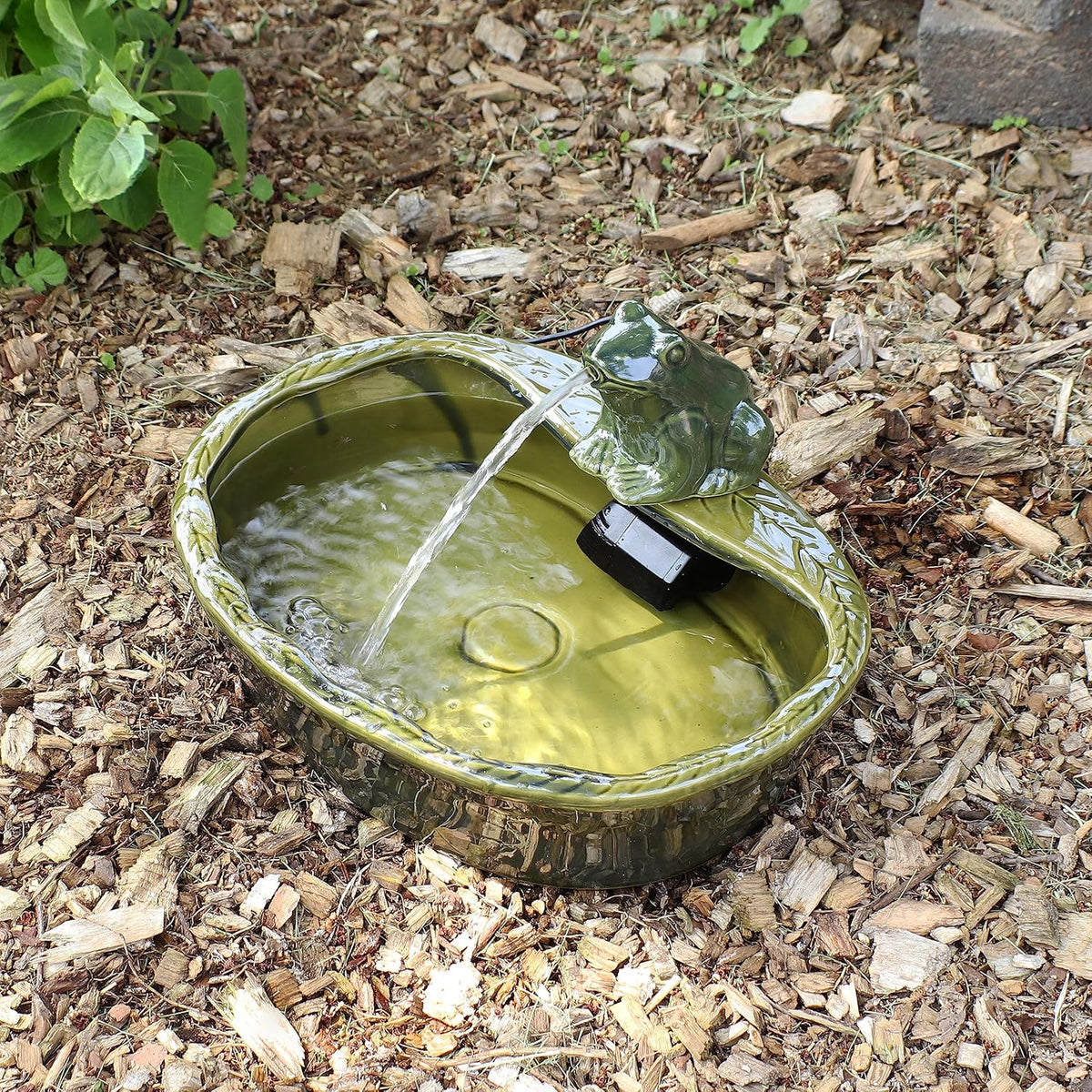 Sunnydaze Ceramic Solar-Powered Water Fountain - Green Glaze - Low-Voltage Submersible Pump with Filter - Frog
