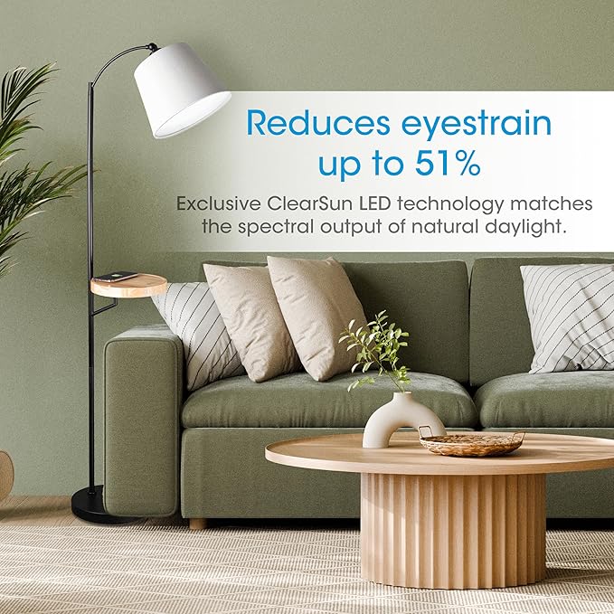 OttLite Good Housekeeping Shaded Modern LED Floor Lamp for Bedroom with Tray, Wireless Charging Table, Designed to Reduce Eyestrain, Adjustable Shade, ClearSun LED Bulb, Reading Light & Studying Lamp