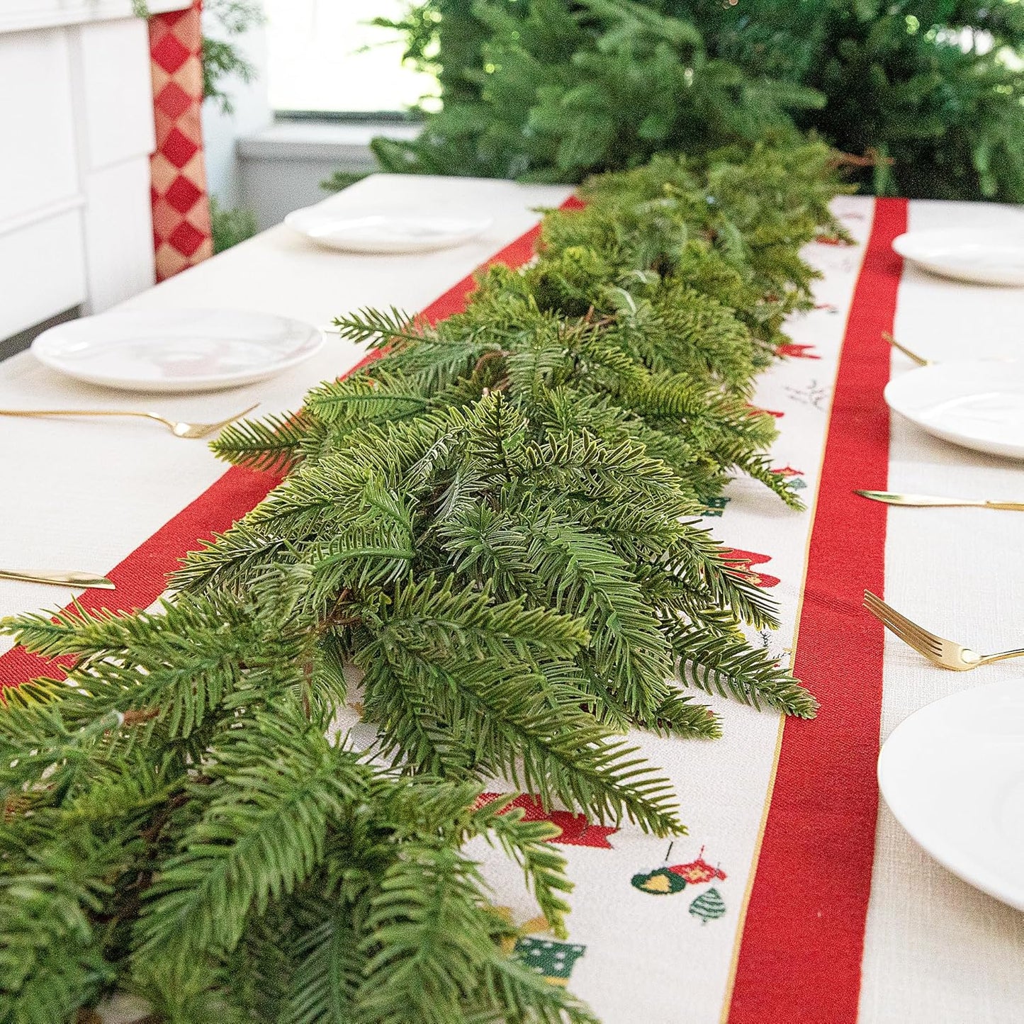 Watayo 6 Ft Christmas Norfolk Pine Garland, 3 Fork Dense Real Touch Pine Garland Ornament, Realistic Artificial Pines Greenery Garlands for Christmas Holiday Mantle Fireplace Table Home Decor