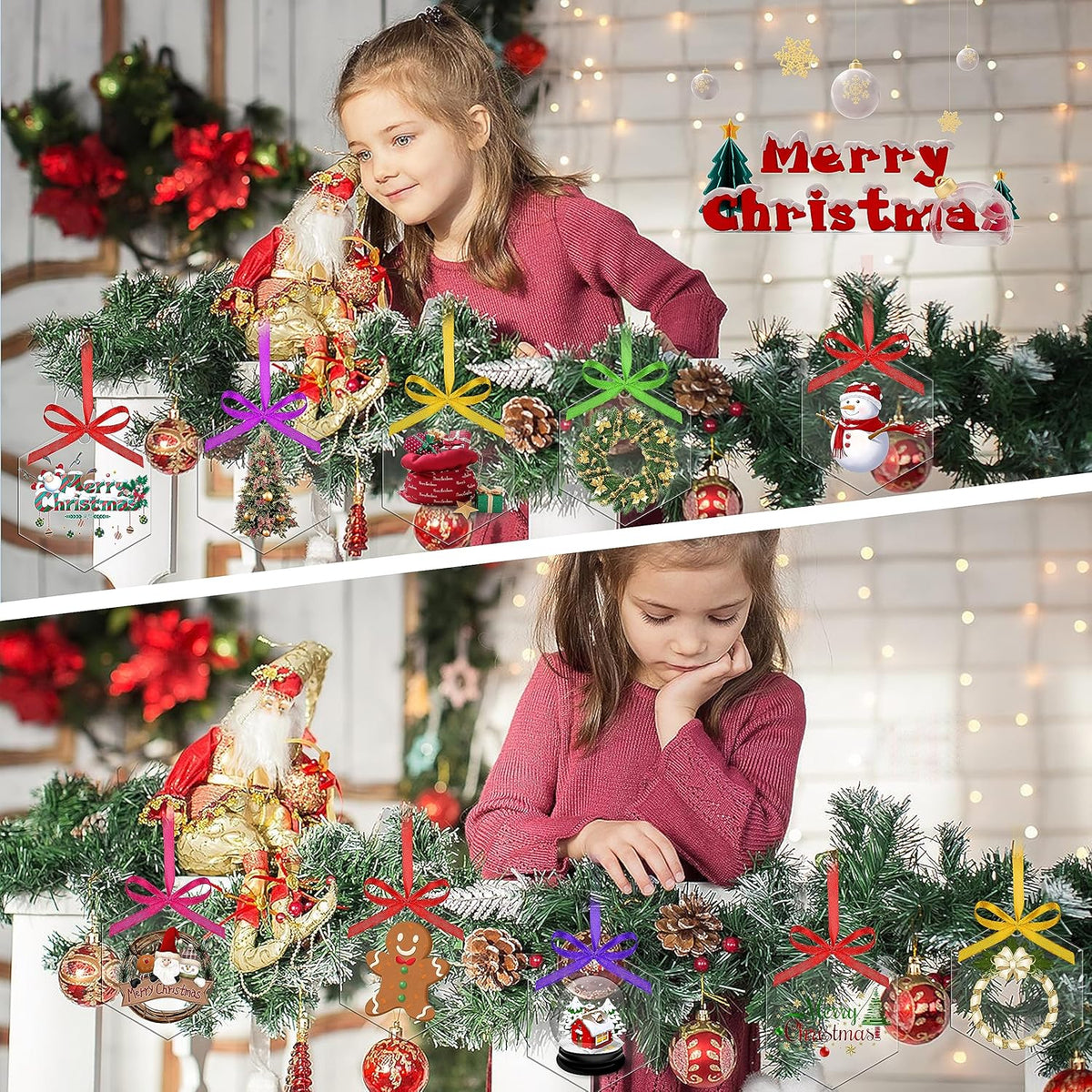 40 Pieces Christmas Hanging Ornaments Set 3''Christmas Ornament Acrylic Blank with 50Pcs 25 Color Ribbons for Christmas Tree DIY Decor (Classic Hexagon, 40.00)