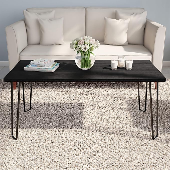 Coffee Table with Hairpin Legs ' Modern Industrial Style Decor Woodgrain-Look and Steel