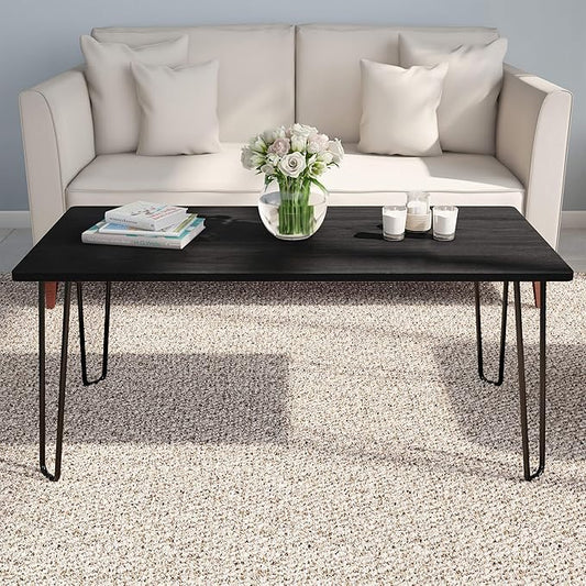 Coffee Table with Hairpin Legs ' Modern Industrial Style Decor Woodgrain-Look and Steel
