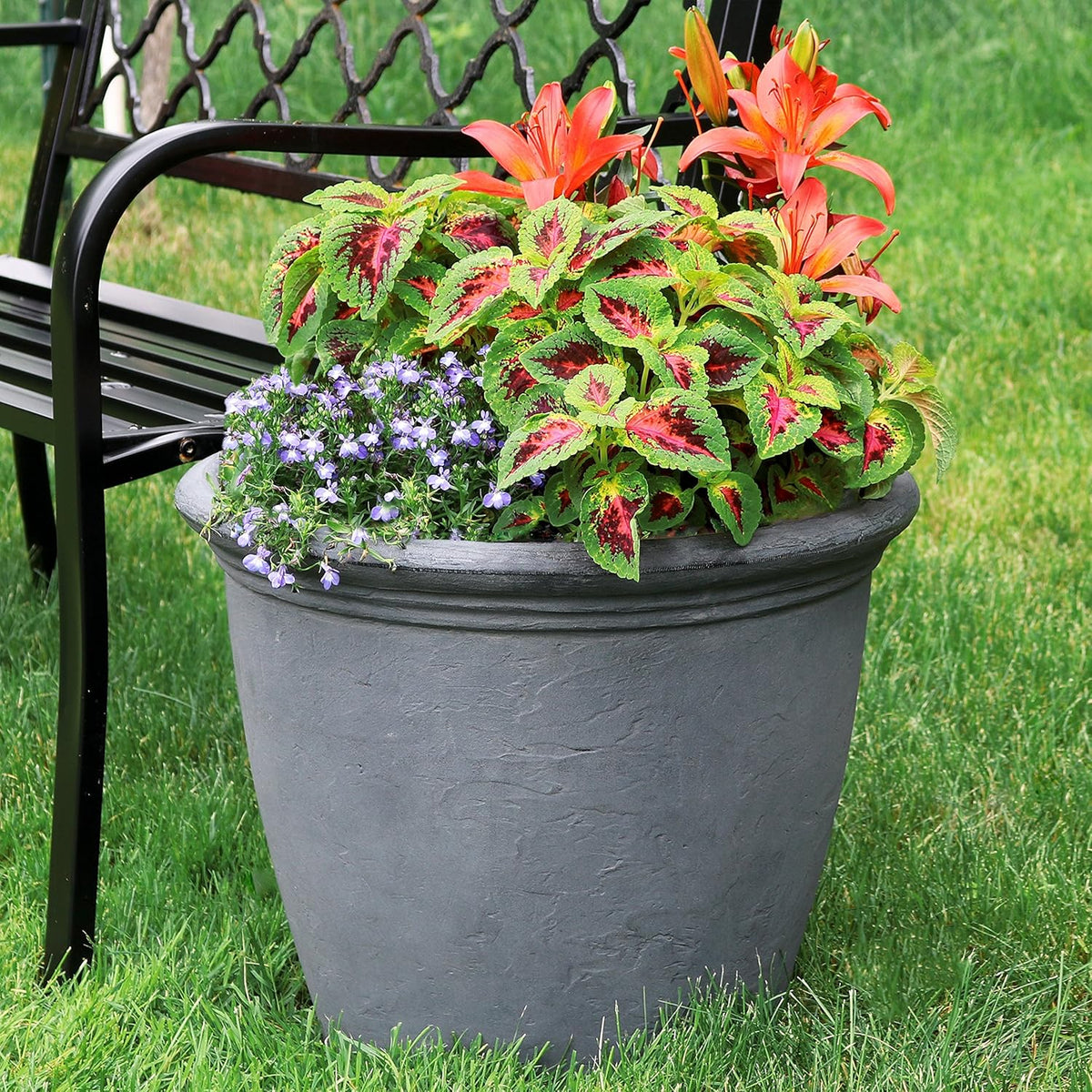 Sunnydaze 20-Inch Anjelica Large Plastic Pot for Plants - Outdoor Polyresin Round Planter with Drillable Drainage Holes - Slate - 4pk