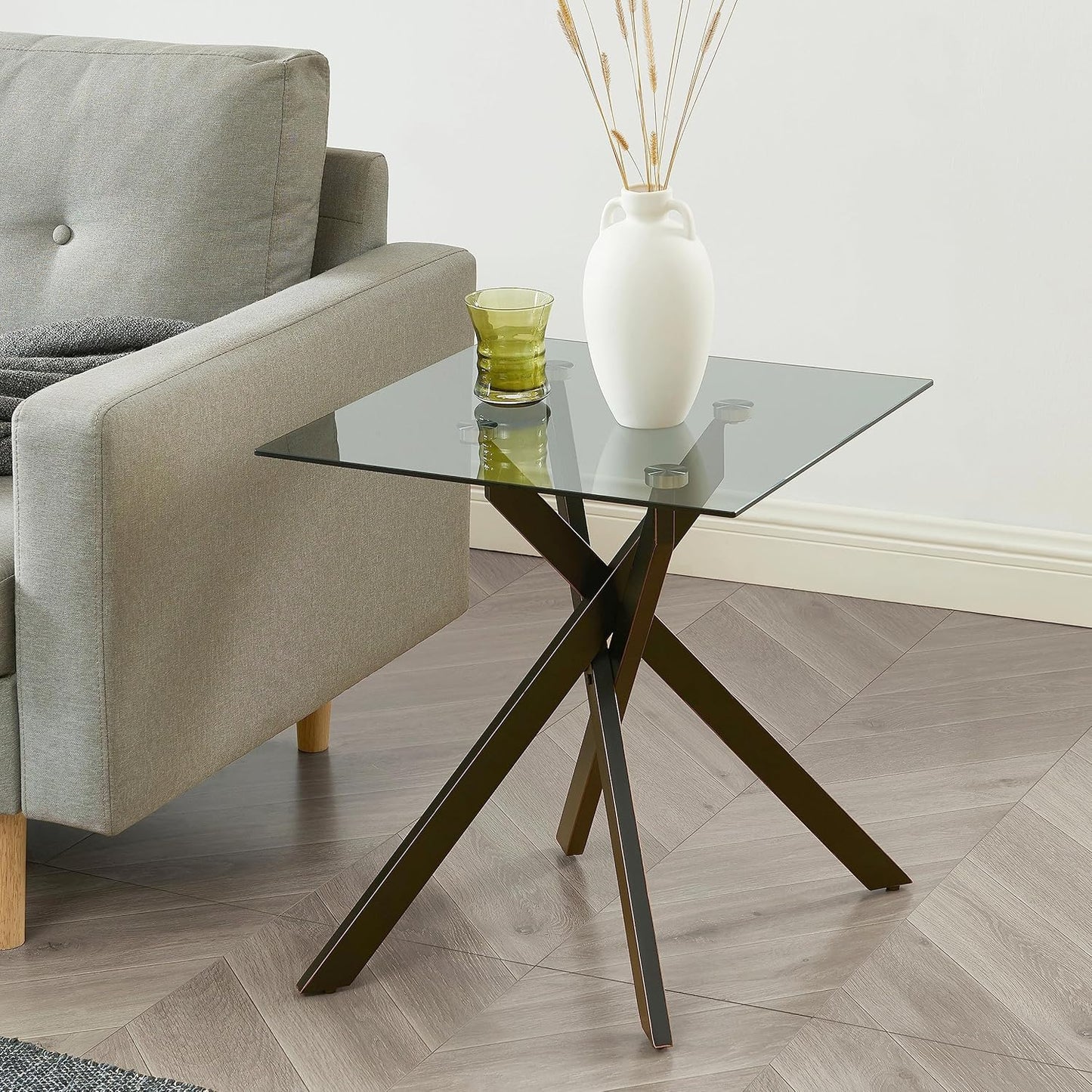 Modern Style Square Side Table with Grey Tempered Glass Top and Black Metal Tubular Legs with Gold Rim 20”Dx20”Wx22”H