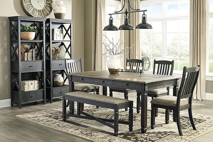 Signature Design by Ashley Tyler Creek Farmhouse Upholstered Dining Room Bench with Tapered Legs, Heavy Woven Fabric, Wood, 19.5" High Seat, Black & Gray