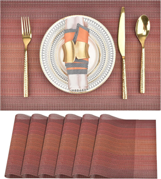 Placemats Set of 6 - Easy Clean Washable Vinyl Placemats - Wipeable Heat Resistant Table Mats for Dining Table - 17.7x11.8 Inch (6, Red Gradient)