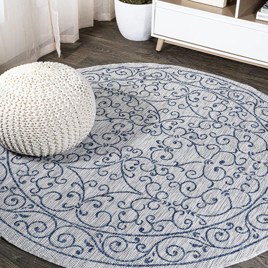 JONATHAN Y Vintage Filigree Indoor Outdoor Round Area Rug 5 Ft Gray/Navy, Charleston Textured Weave for Backyard, Patio, Porch, Easy-Cleaning, High Traffic, Pet-Friendly, Non-Shedding (SMB106C-5R)
