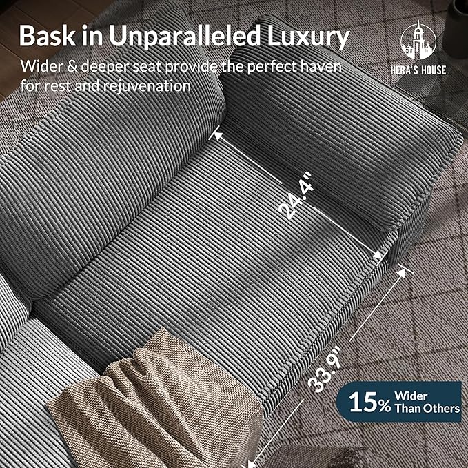 HERA'S HOUSE 124" Modular Sectional Sofa, Oversized L Shaped Couches for Living Room, Comfy Cloud Couch with Ottoman, 4-Seater Deep Seat Sofa with Throw Pillow, Corduroy Grey