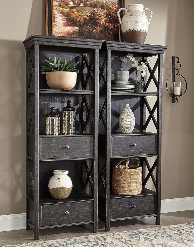 Signature Design by Ashley Tyler Creek Casual Farmhouse 75" Display Cabinet or Bookcase with Drawers and Shelf, Open Lattice Sides, Wood, Gray Black Finish