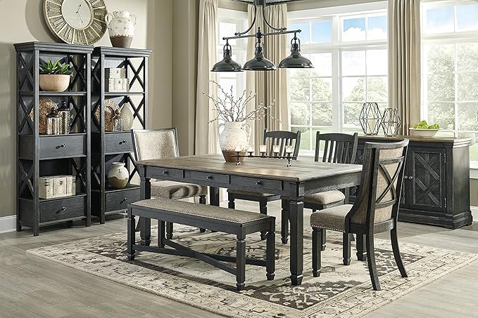 Signature Design by Ashley Tyler Creek Farmhouse Upholstered Dining Room Bench with Tapered Legs, Heavy Woven Fabric, Wood, 19.5" High Seat, Black & Gray