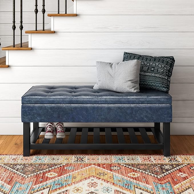 SIMPLIHOME Cosmopolitan Storage Ottoman Bench - 44 inch Wide Upholstered Vegan Leather Rectangle Storage Ottoman in Denim Blue, Transitional Bench for Bedroom with Tufted Lift-Top and Open Shelf