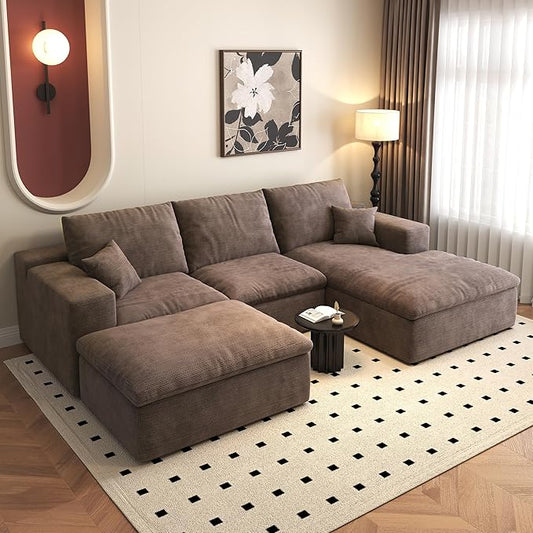 107'' U-Shaped Modern Modular Sectional Cloud Couch Whit Ottoman, 4-Seat Chenille Deep-Seat Sofa with Pillow for Living Room, Bedroom, Apartment, Camel