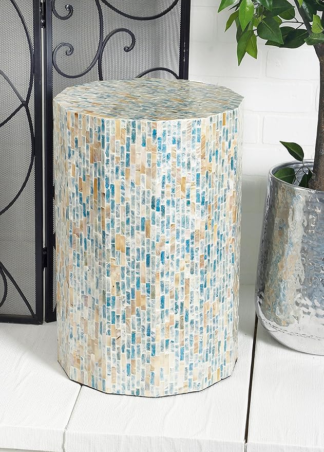 Deco 79 Mother of Pearl Shell Handmade Side End Accent Table End Table, Side Table 13" x 13" x 19", Blue