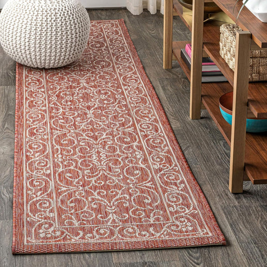 JONATHAN Y Vintage Filigree Indoor Outdoor Runner Rug 2X8 Red/Beige, Charleston Textured Weave for Backyard, Patio, Porch, Easy-Cleaning, High Traffic, Pet-Friendly, Non-Shedding (SMB106B-28)