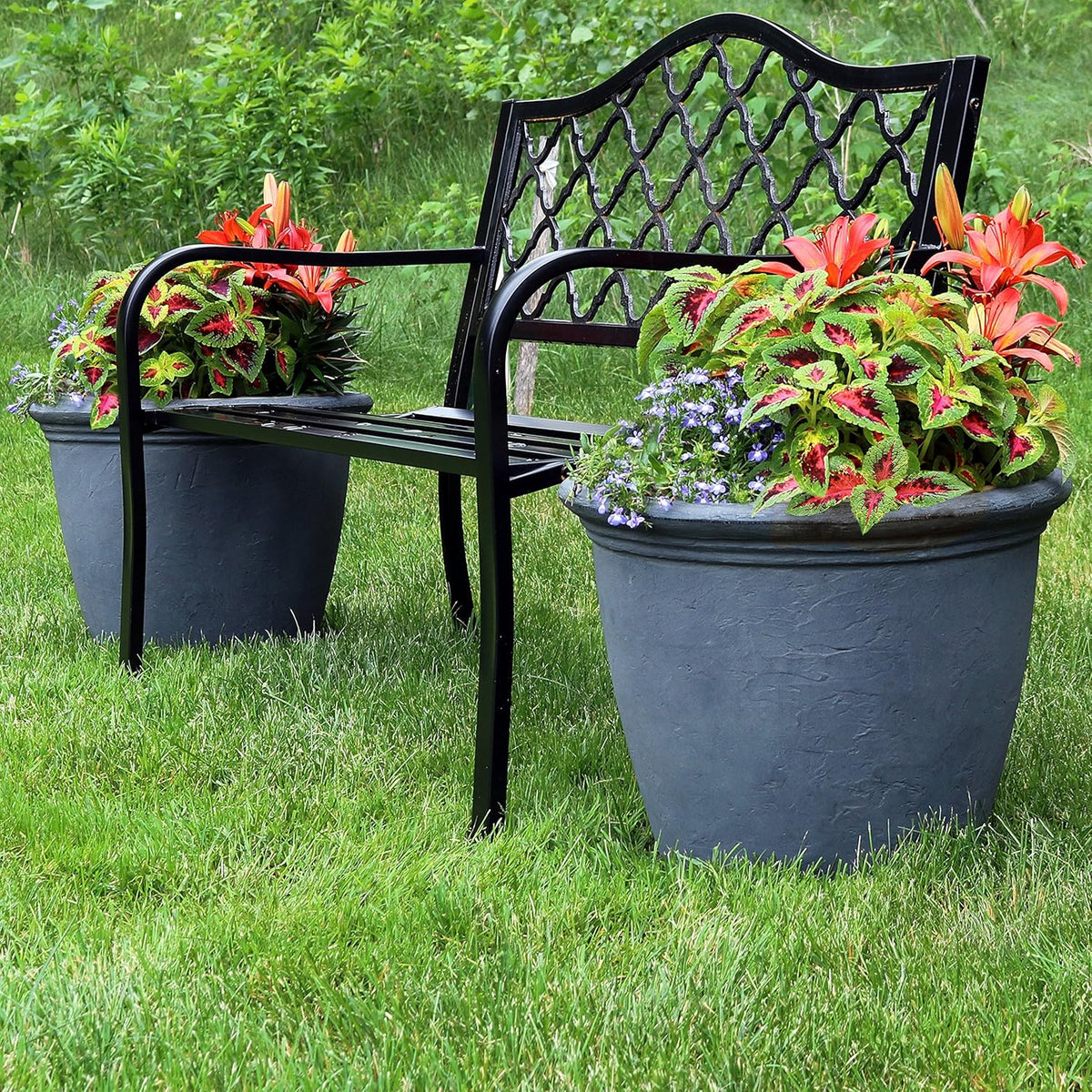 Sunnydaze 20-Inch Anjelica Large Plastic Pot for Plants - Outdoor Polyresin Round Planter with Drillable Drainage Holes - Slate - 2pk