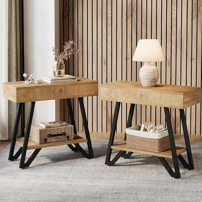 Tribesigns End Side Table for Living Room, Narrow Couch Arm Side Table with Storage Shelves, Small Bedside Nightstand for Bedroom, Small Spaces, Natural(Set of 2)
