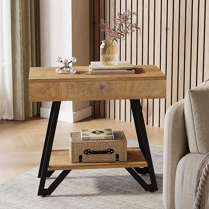 Tribesigns End Side Table for Living Room, Narrow Couch Arm Side Table with Storage Shelves, Small Bedside Nightstand for Bedroom, Small Spaces, Natural(Set of 2)