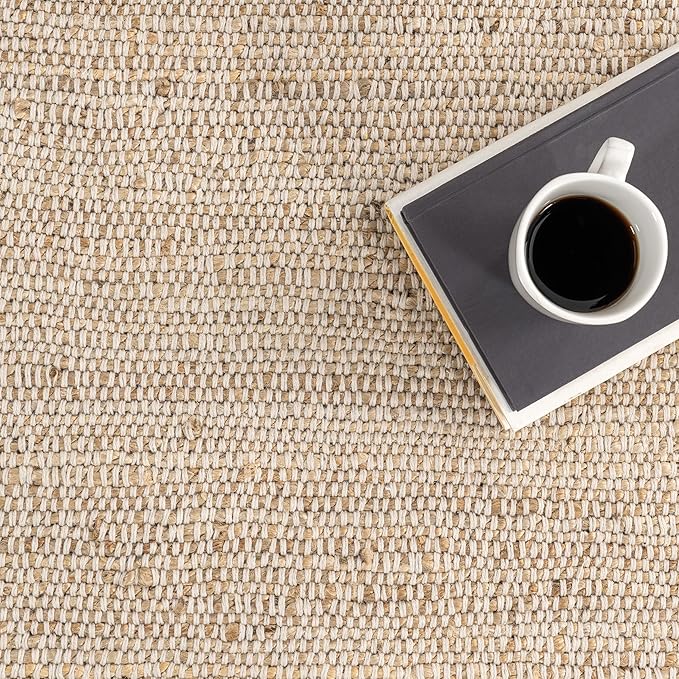 nuLOOM 4 Round Elfriede Jute & Cotton Hand Woven Area Rug, Natural, Solid Rustic Farmhouse Style, Weaved Design, Natural Fiber, For Bedroom, Living Room, Dining Room, Hallway, Office, Entryway