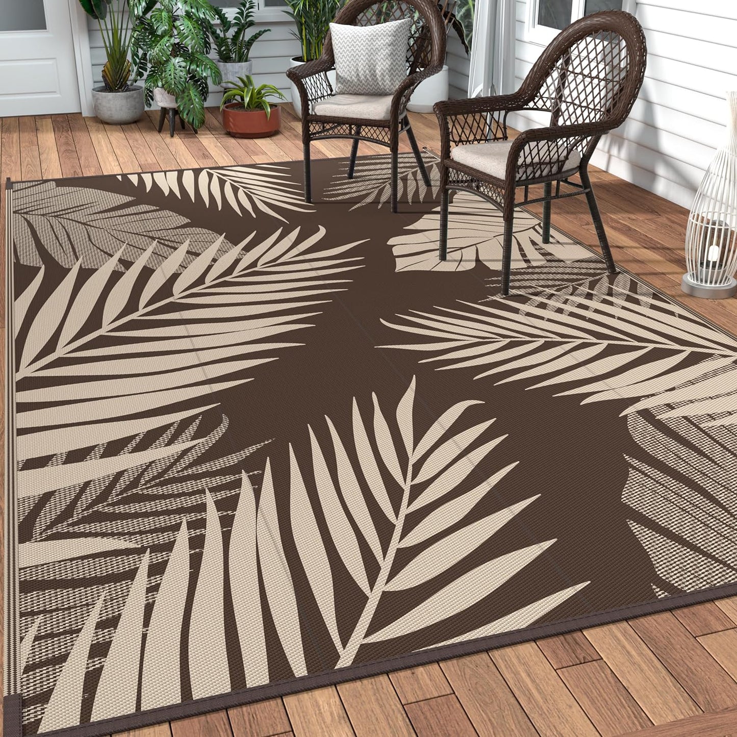 GENIMO Outdoor Rug 6' x 9' Waterproof for Patios Clearance, Reversible Outdoor Plastic Straw Camping Rug Carpet, Large Area Rugs Mats for RV, Camper, Deck, Balcony, Porch, Beach, Picnic, Coffee&Beige