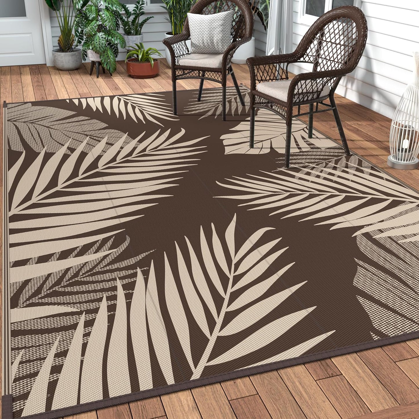 GENIMO Outdoor Rug 8' x 10' Waterproof for Patios Clearance, Reversible Outdoor Plastic Straw Camping Rug Carpet, Large Area Rugs Mats for RV, Camper, Deck, Balcony, Porch, Beach, Picnic, Coffee&Beige